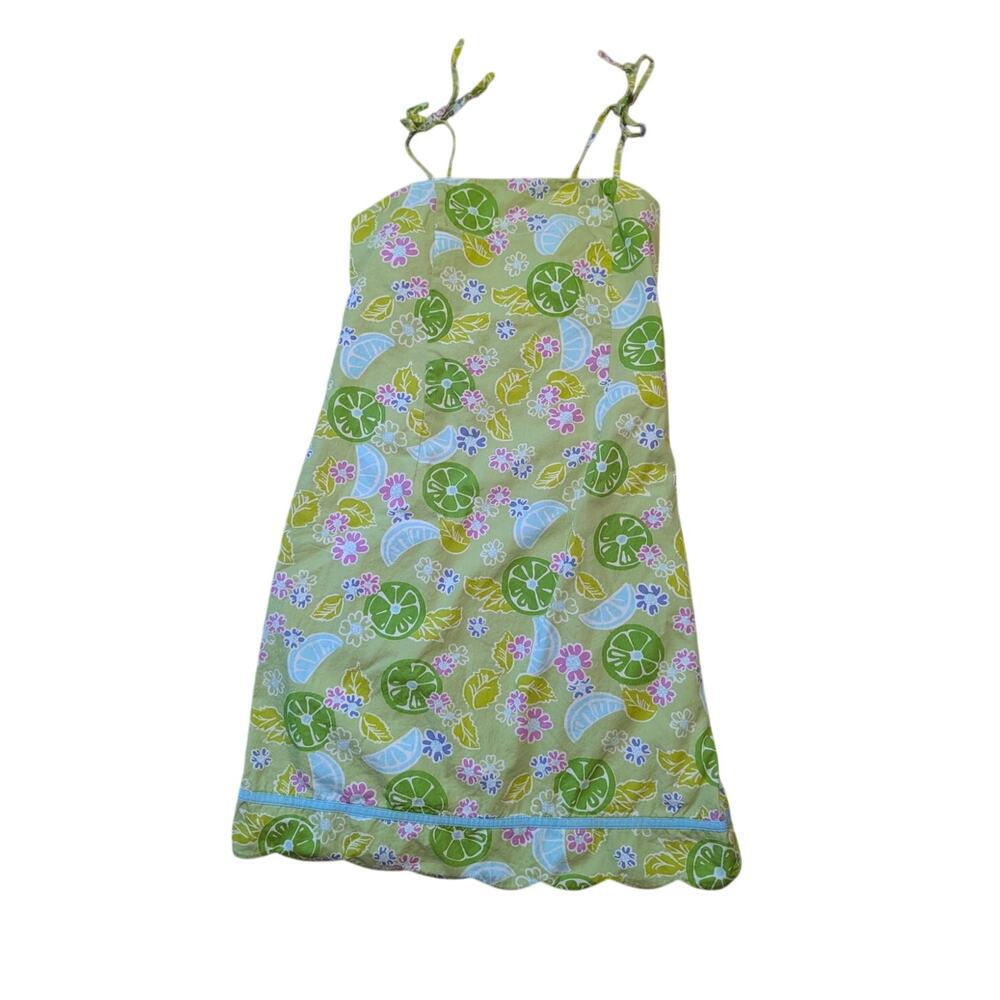 Lilly Pulitzer Vintage Dress Girls 14 Lime Green Citrus Scallop Hem Tie Strap
